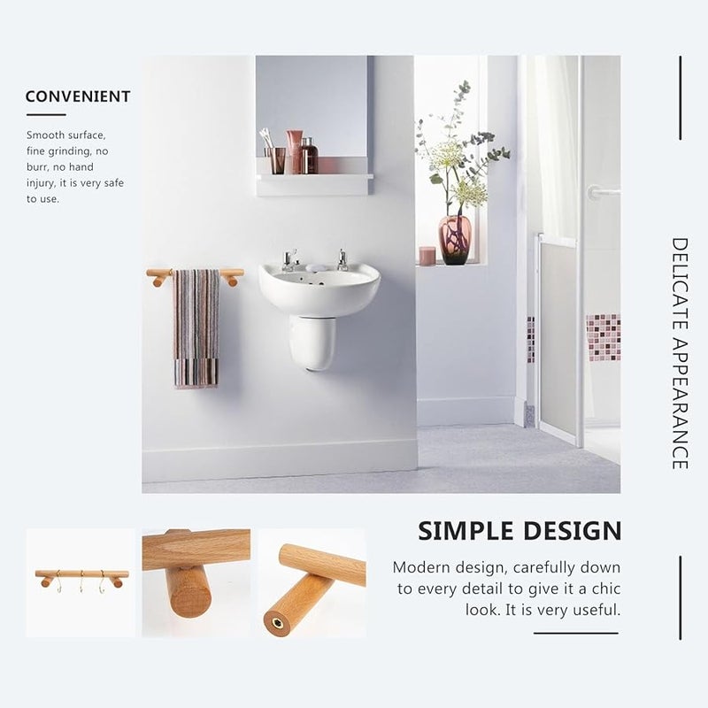 Solid Beech Wood Wall Mounted Towel Bar Rack 30cm With 3 Brass Hooks For Kitchen Bathroom - Image 5
